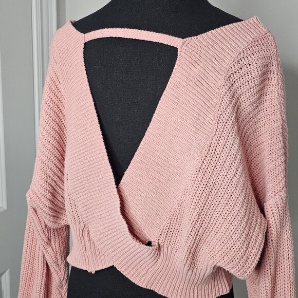 Women's Pink Cropped Distressed Knit Sweater, Size S - Picture 5 of 16